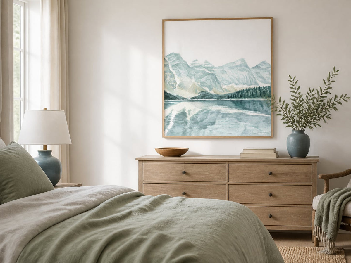 Pale mountain-lake watercolor-style print in a sage and oak bedroom