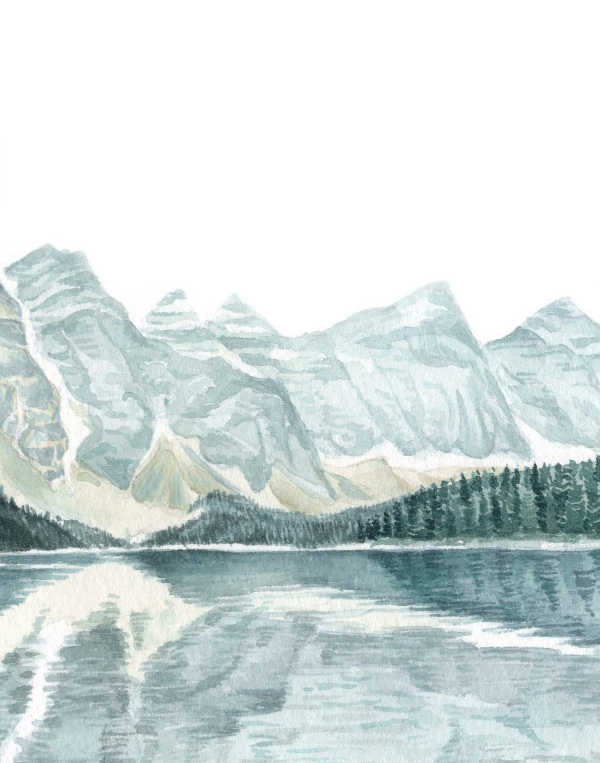 Jagged mountain range reflected in a pale blue watercolor-style lake