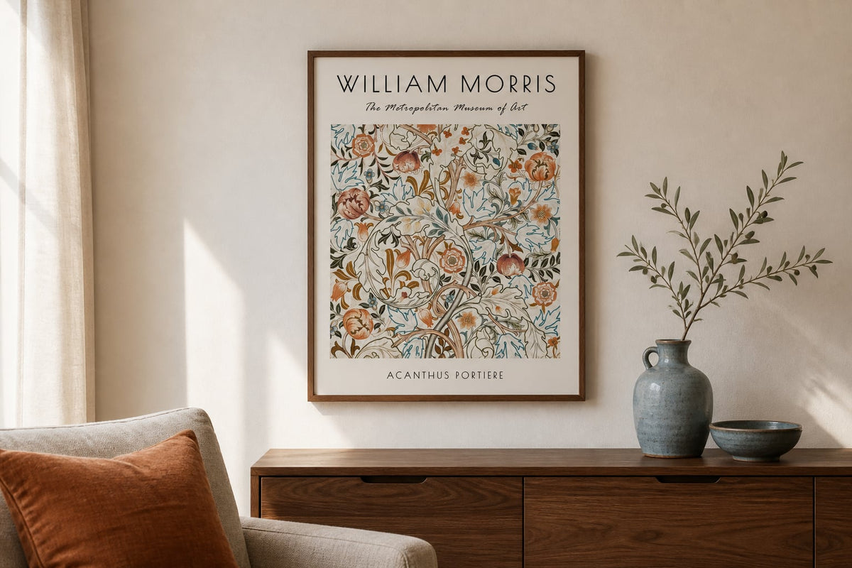 Morris Acanthus Print in a cream living room with walnut, rust, and powder blue accents