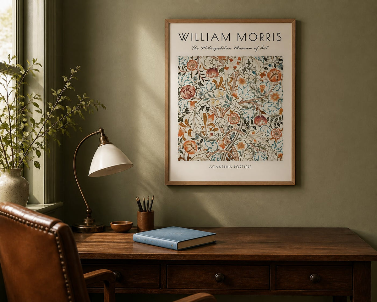 Morris Acanthus Print above a dark walnut desk in a muted olive reading room