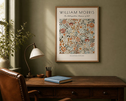 Morris Acanthus Print above a dark walnut desk in a muted olive reading room