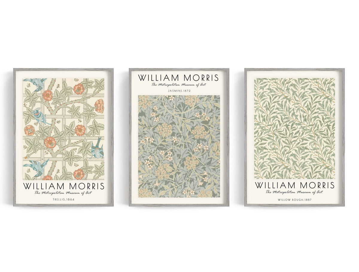 Three botanical pattern posters in cream, sage, orange, and blue