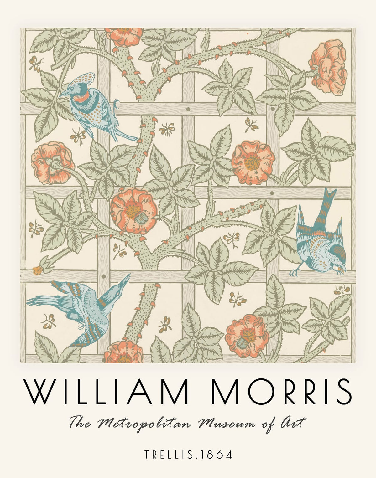 Dense botanical pattern in cream, blue, orange, and muted green