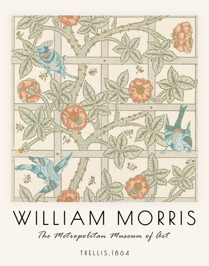 Dense botanical pattern in cream, blue, orange, and muted green