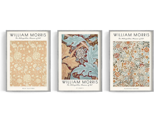 William Morris botanical poster trio with Acanthus, St James, and Wild Tulip patterns