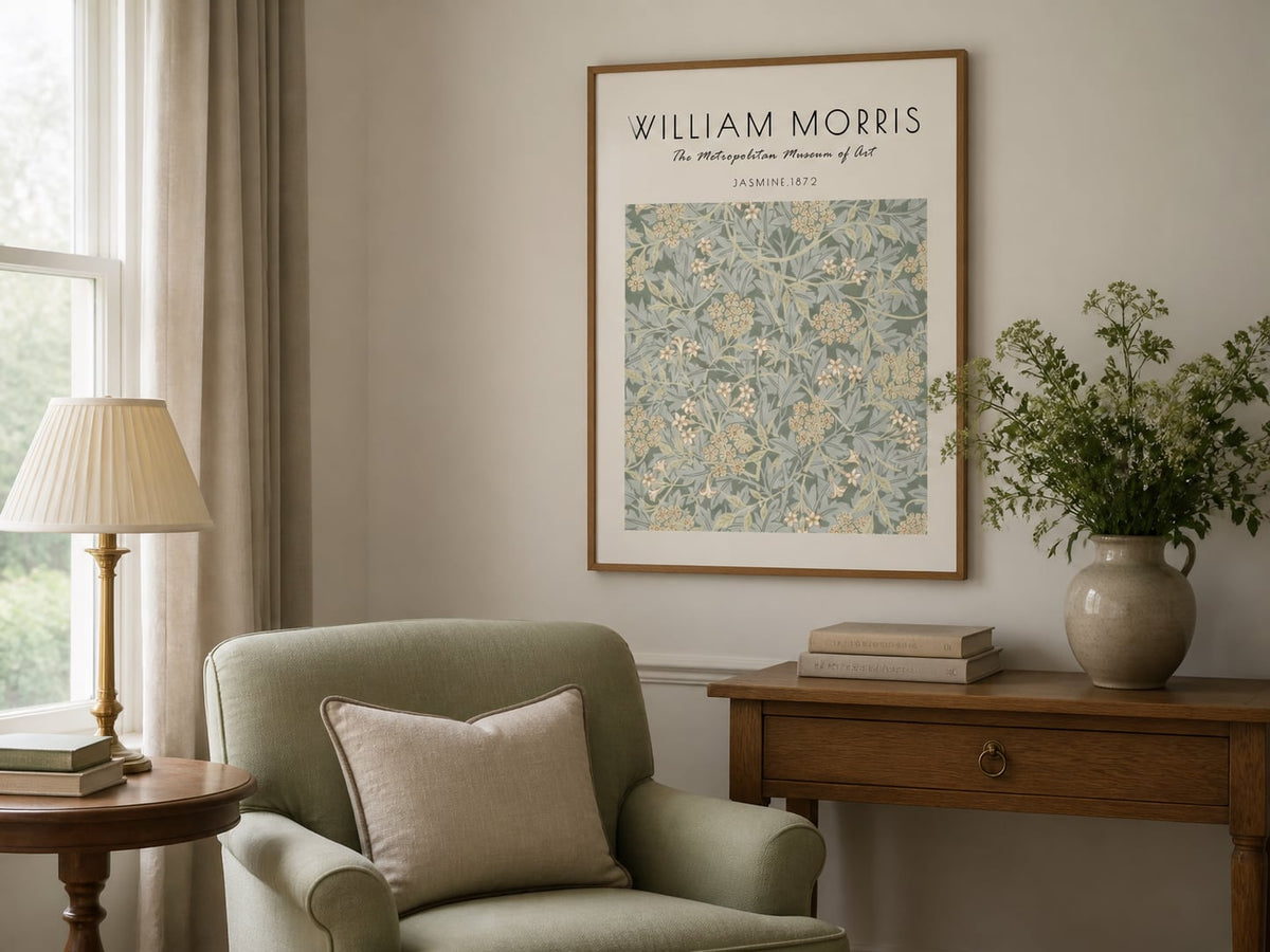 Sage botanical poster above an oak console in a softly lit reading room