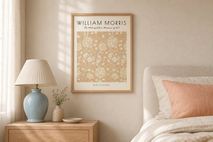 Morris Wild Tulip Print in a warm cream bedroom with peach and powder blue accents