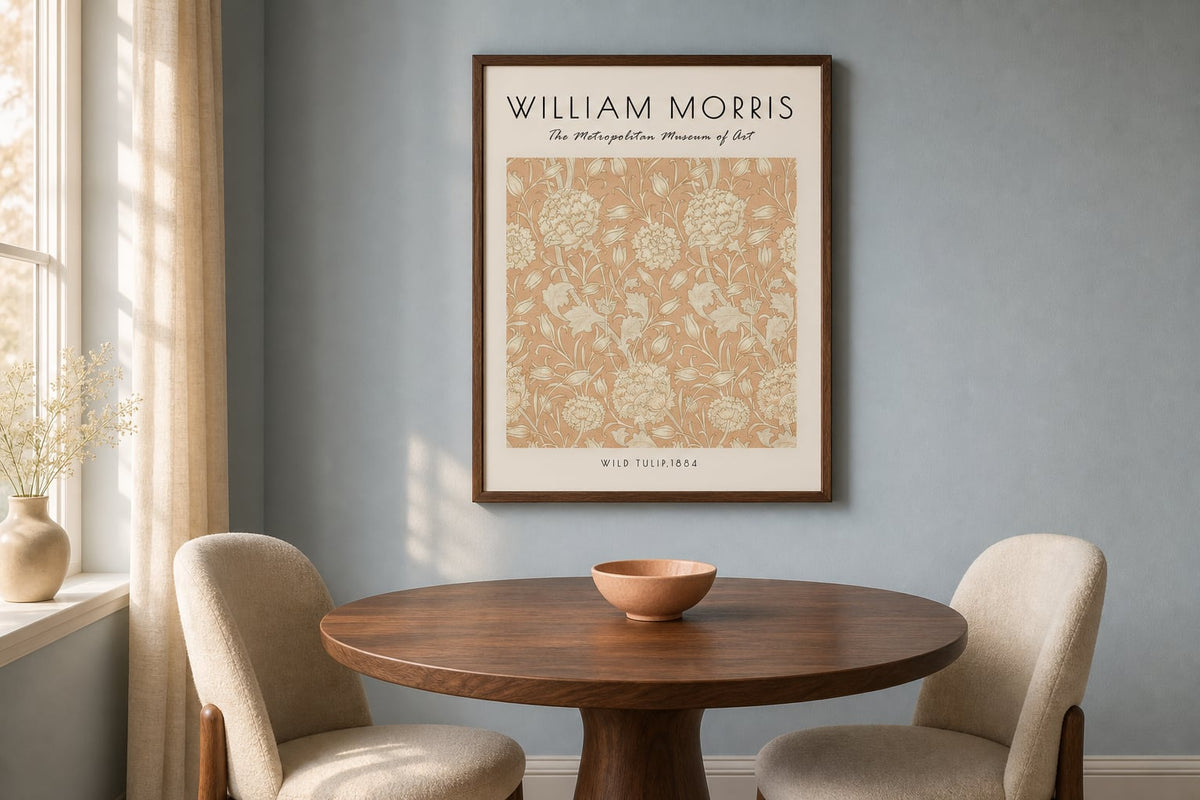Morris Wild Tulip Print above a walnut table in a pale dusty blue dining nook