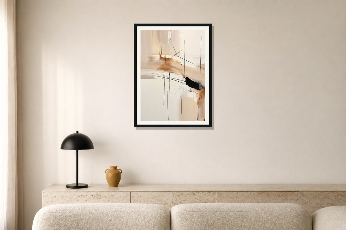 Ochre Crosslines Abstract Print print displayed in a living room matched to its warm ivory, black, ochre palette