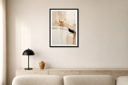 Ochre Crosslines Abstract Print print displayed in a living room matched to its warm ivory, black, ochre palette
