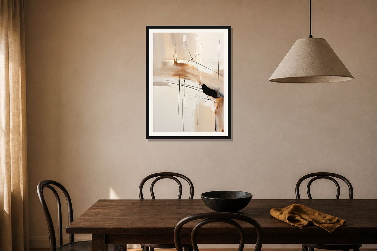 Ochre Crosslines Abstract Print print displayed in a dining room matched to its warm ivory, black, ochre palette