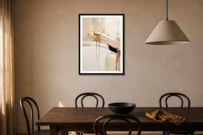 Ochre Crosslines Abstract Print print displayed in a dining room matched to its warm ivory, black, ochre palette