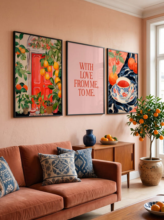 Orange Grove Color Story Trio showing three bright illustrations pair an orange-grove doorway, a pink self-gift message.