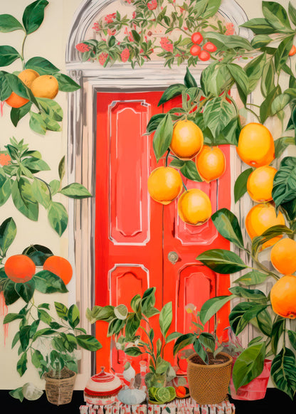 A coral doorway opens onto an orange grove with green leaves and navy architectural details