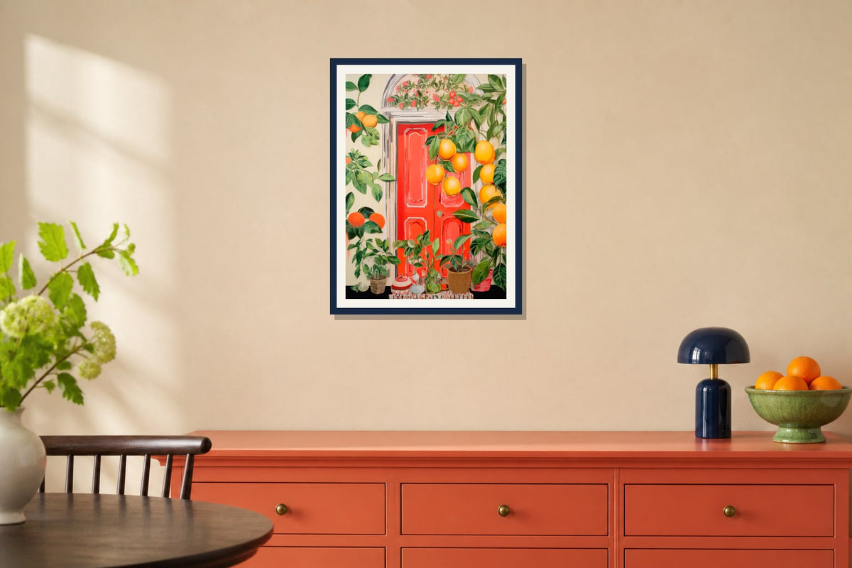 Orange Grove Doorway Print print displayed in a kitchen matched to its coral orange, leaf green, navy palette