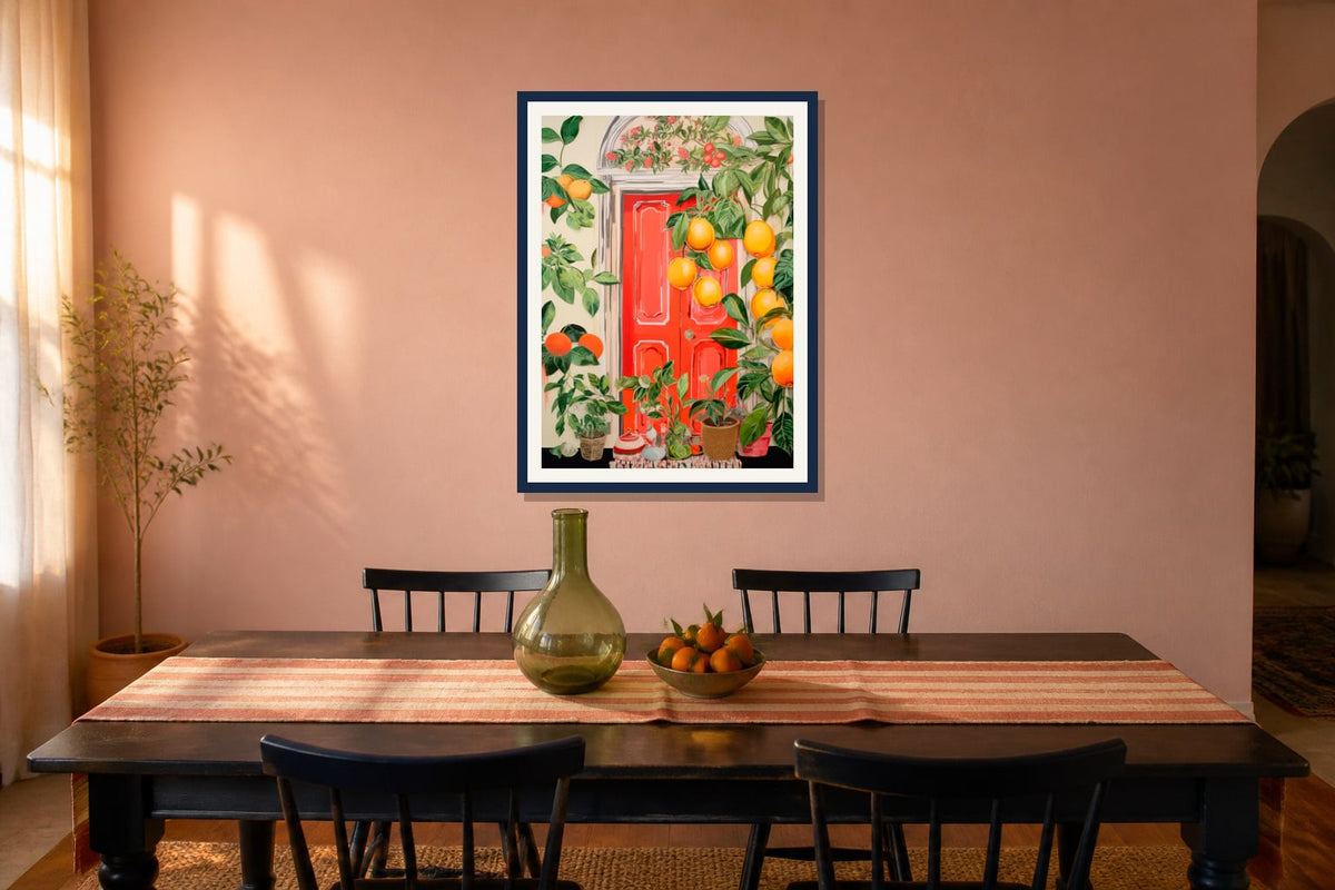 Orange Grove Doorway Print print displayed in a dining room matched to its coral orange, leaf green, navy palette