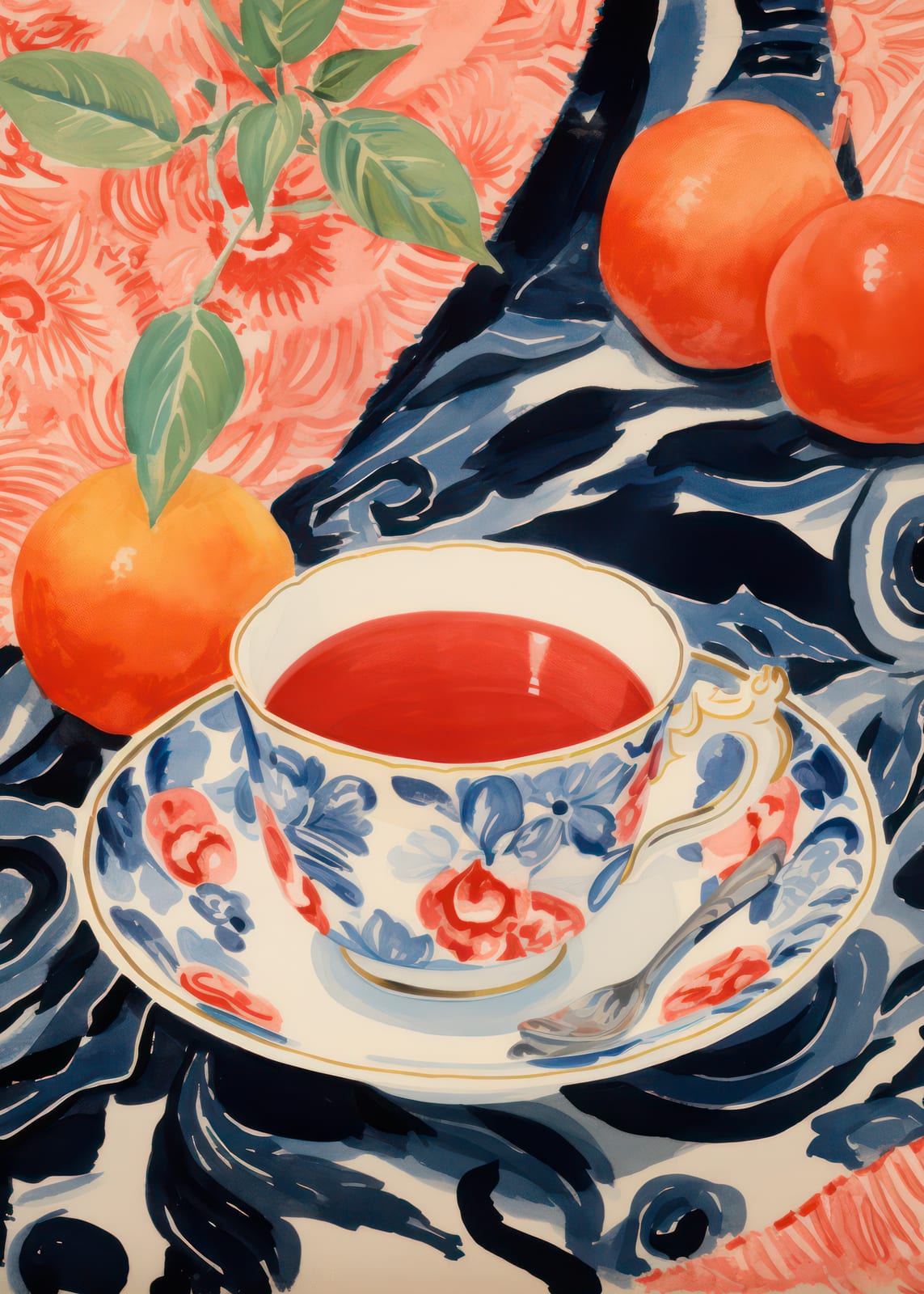 A stylized tea setting combines striped cups, citrus fruit, coral surfaces, and navy details