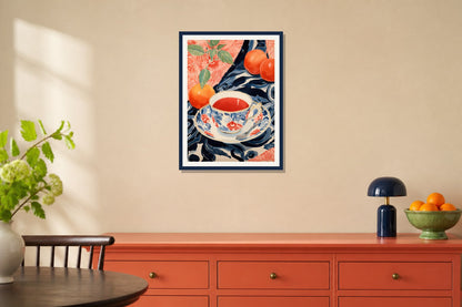 Orange Tea Setting Print print displayed in a kitchen matched to its coral orange, leaf green, navy palette