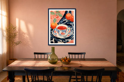 Orange Tea Setting Print print displayed in a dining room matched to its coral orange, leaf green, navy palette