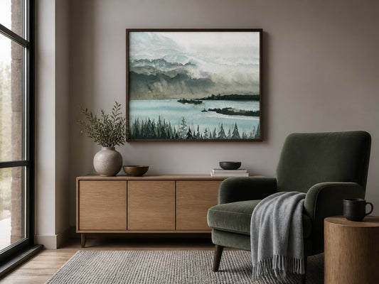 Layered green-blue lake print above oak furniture in a quiet reading corner