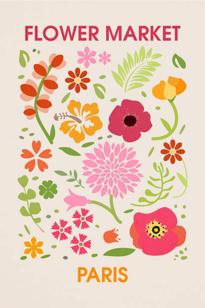 A Paris flower-market poster gathers pink and red blooms above bold city lettering