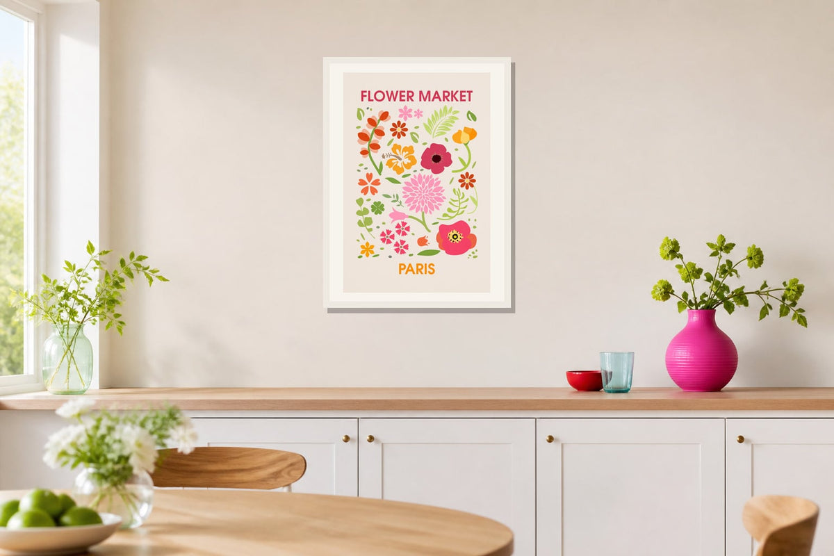 Paris Flower Market Print print displayed in a kitchen matched to its bright pink, red, leaf green palette