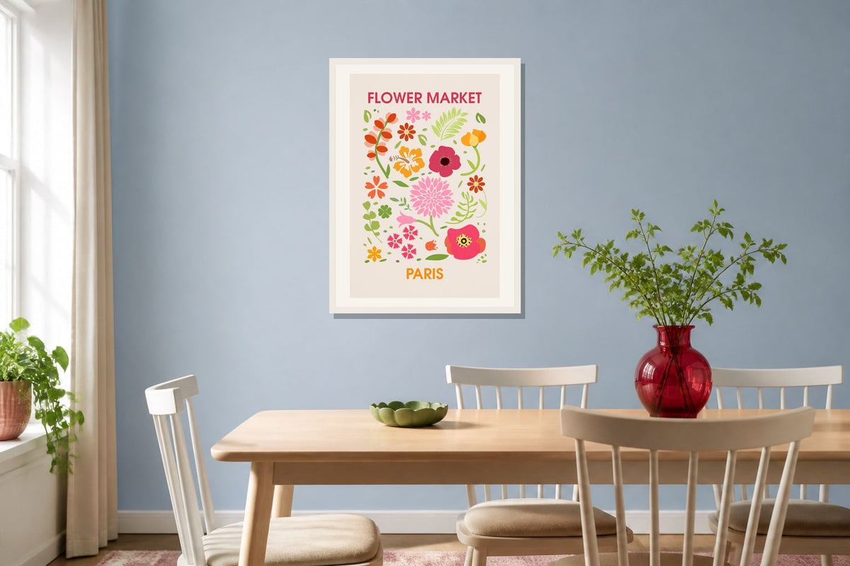 Paris Flower Market Print print displayed in a dining room matched to its bright pink, red, leaf green palette