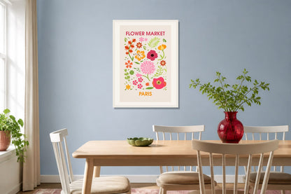 Paris Flower Market Print print displayed in a dining room matched to its bright pink, red, leaf green palette