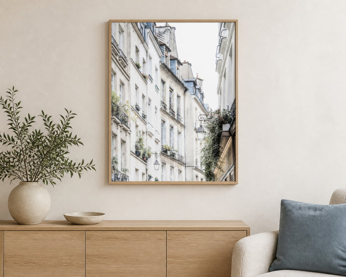 Parisian Facade Print in a warm ivory living room with pale oak and blue gray accents