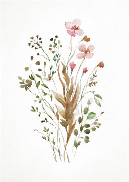 Soft pink watercolor wildflowers rise on sparse green stems against white