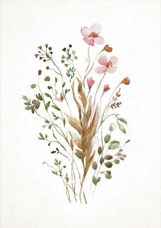 Soft pink watercolor wildflowers rise on sparse green stems against white
