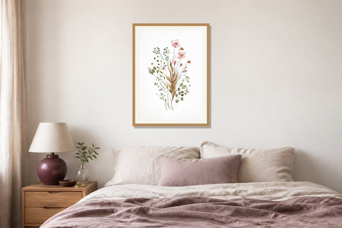 Pink Wildflower Watercolor Print print displayed in a bedroom matched to its plum, dusty pink, muted green palette