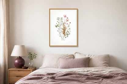 Pink Wildflower Watercolor Print print displayed in a bedroom matched to its plum, dusty pink, muted green palette