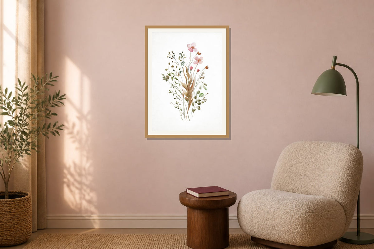 Pink Wildflower Watercolor Print print displayed in a reading nook matched to its plum, dusty pink, muted green palette