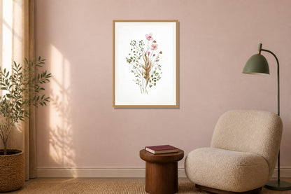 Pink Wildflower Watercolor Print print displayed in a reading nook matched to its plum, dusty pink, muted green palette