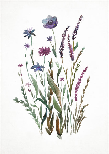 Loose plum wildflowers and fine green-brown stems spread across white paper