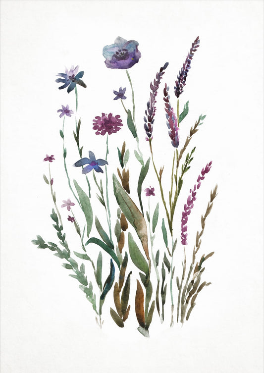 Loose plum wildflowers and fine green-brown stems spread across white paper