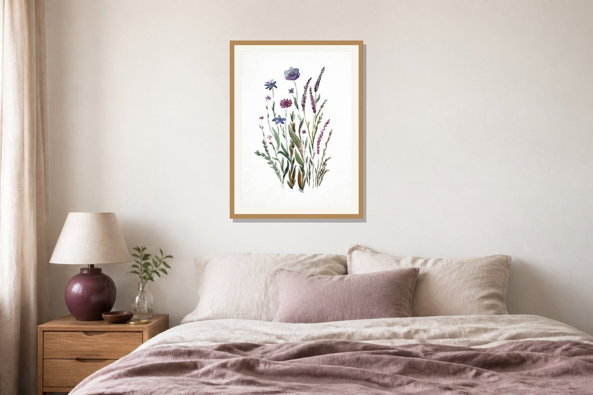 Plum Meadow Watercolor Print print displayed in a bedroom matched to its plum, dusty pink, muted green palette