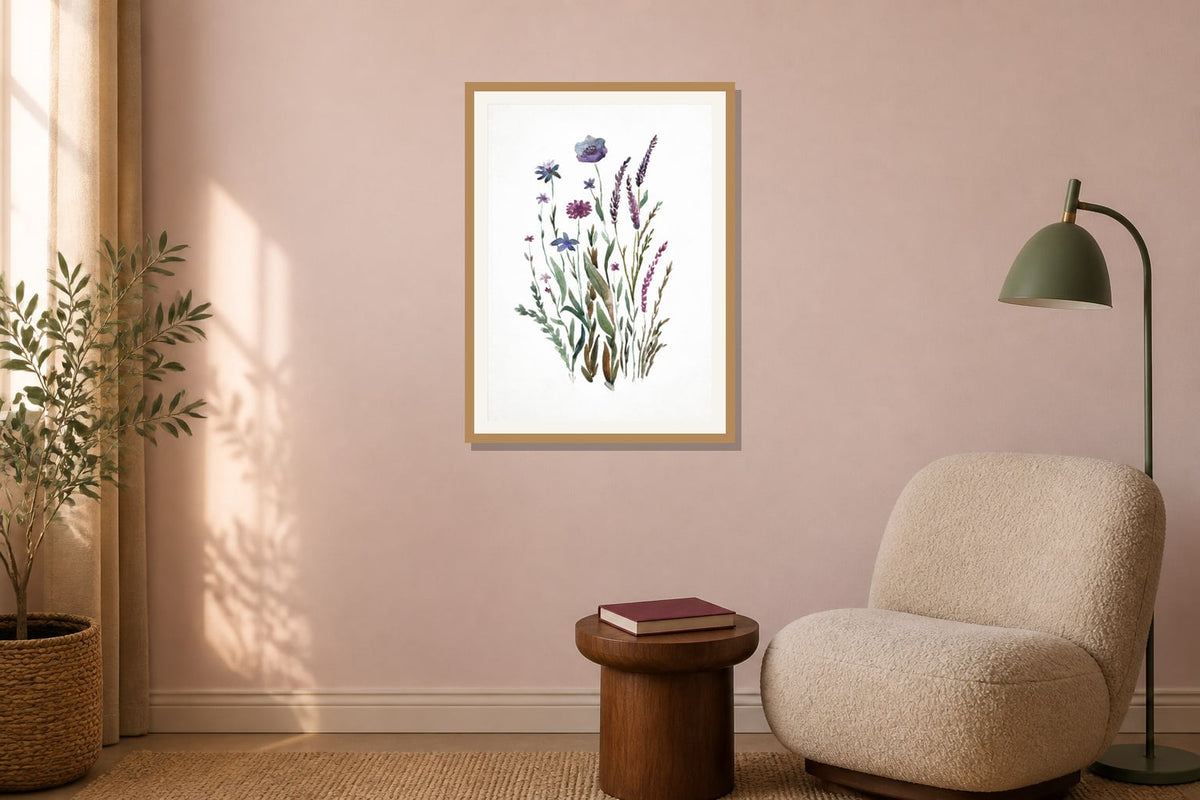 Plum Meadow Watercolor Print print displayed in a reading nook matched to its plum, dusty pink, muted green palette