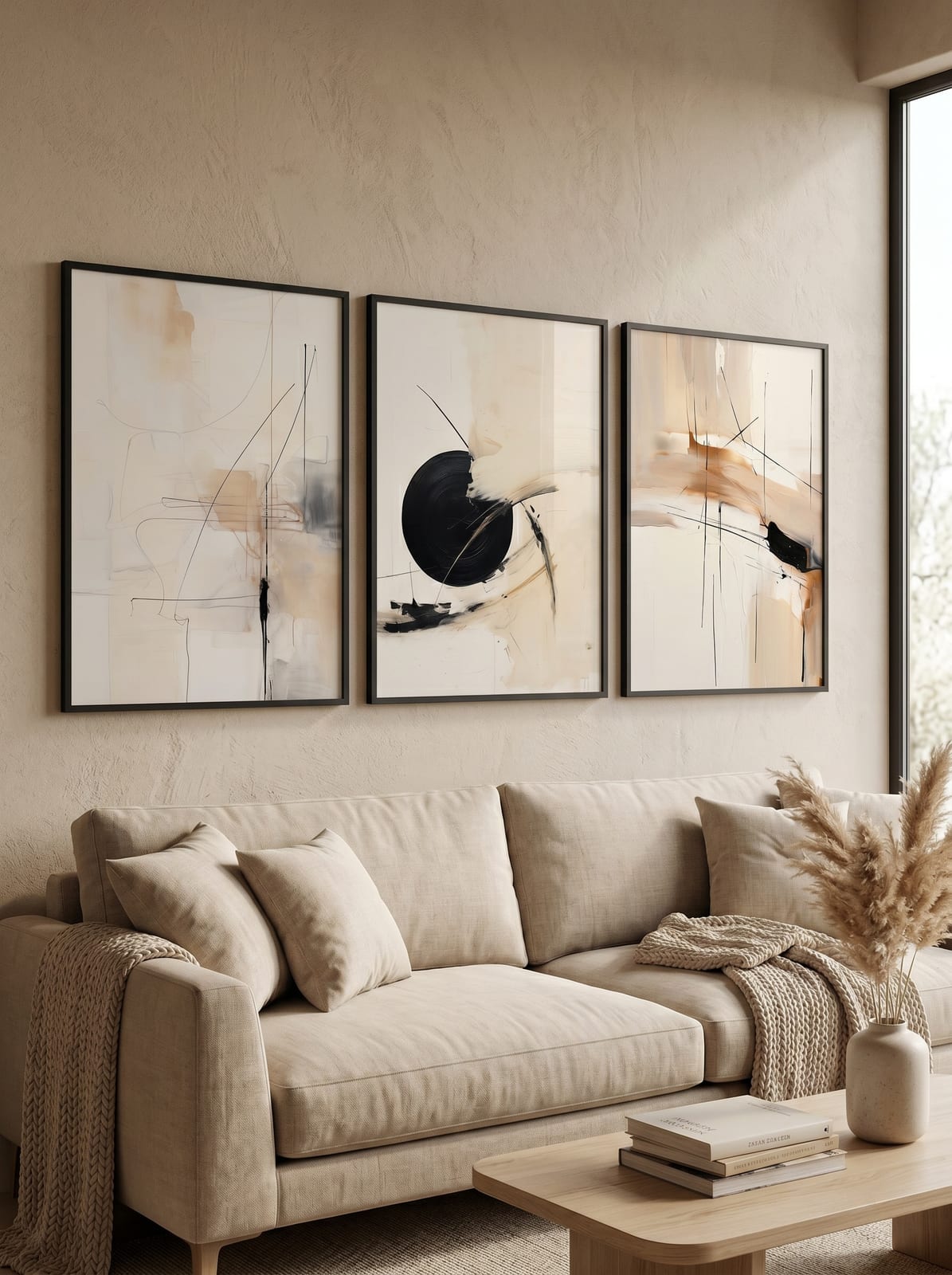 Quiet Geometry Abstract Trio showing three abstract studies combine soft ivory fields, black arcs and blocks, and small.