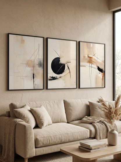Quiet Geometry Abstract Trio showing three abstract studies combine soft ivory fields, black arcs and blocks, and small.