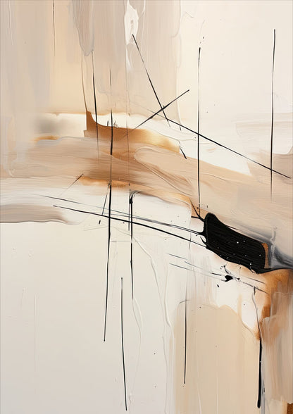 Black geometric forms balance against layered beige and ochre on warm ivory