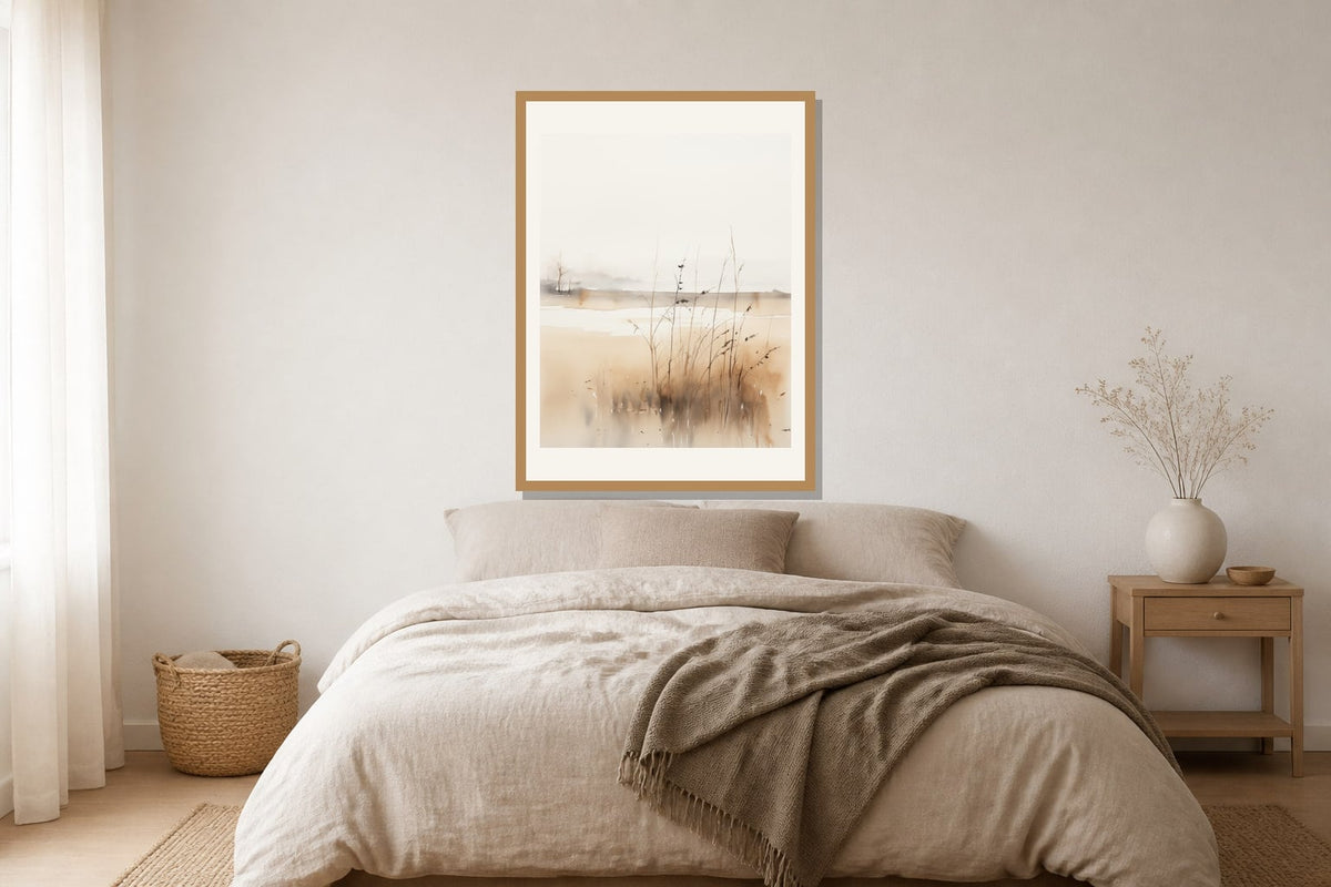 Quiet Horizon Grasses Print print displayed in a bedroom matched to its warm white, sand, taupe palette