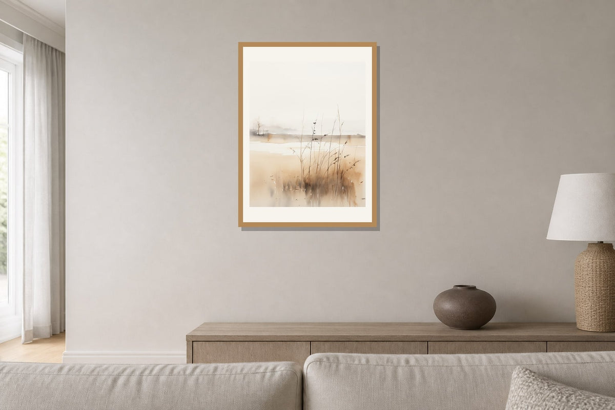 Quiet Horizon Grasses Print print displayed in a living room matched to its warm white, sand, taupe palette