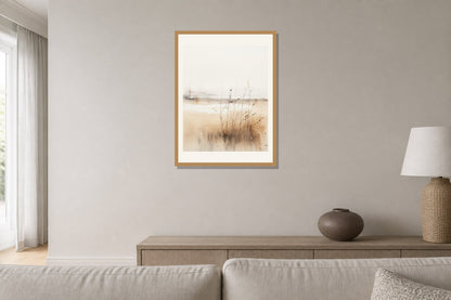 Quiet Horizon Grasses Print print displayed in a living room matched to its warm white, sand, taupe palette