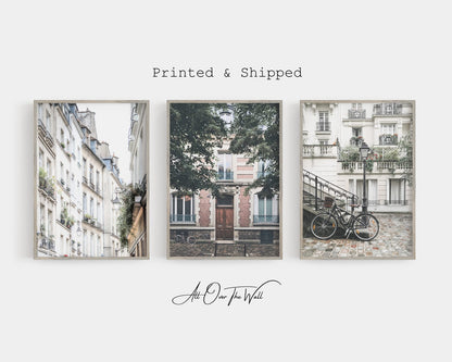 Quiet Paris street photography trio with pale facades, leafy windows, and a bicycle