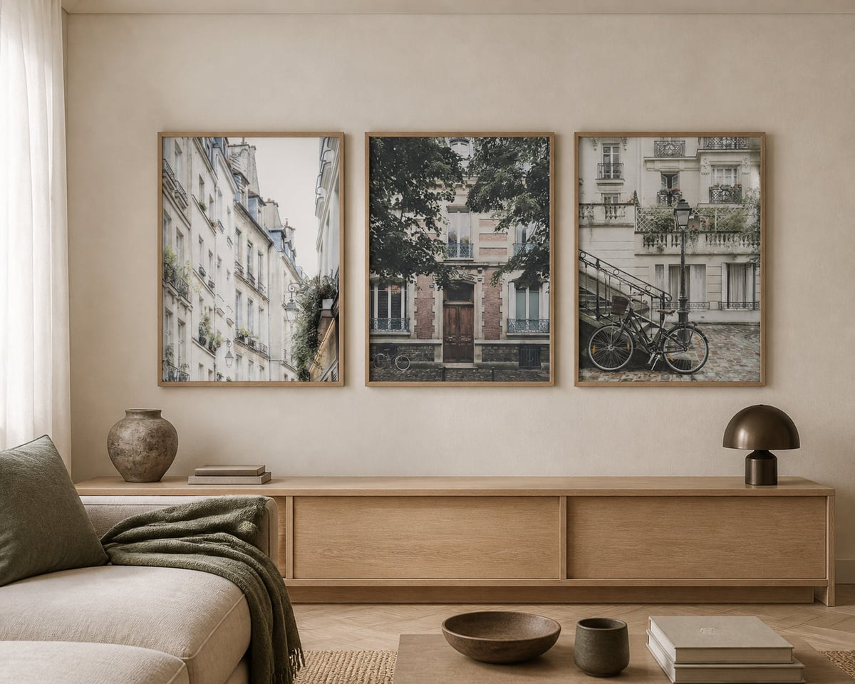 Quiet Paris Streets Trio in a warm ivory living room with pale oak and muted sage accents