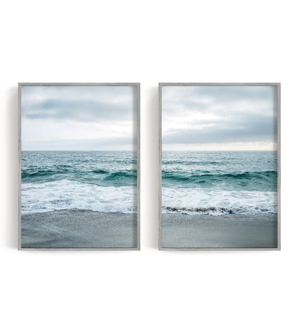 Two blue-gray shoreline prints with pale surf and a quiet coastal horizon