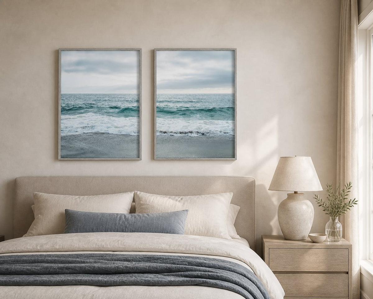 Quiet Shoreline Pair displayed in a palette-matched bedroom