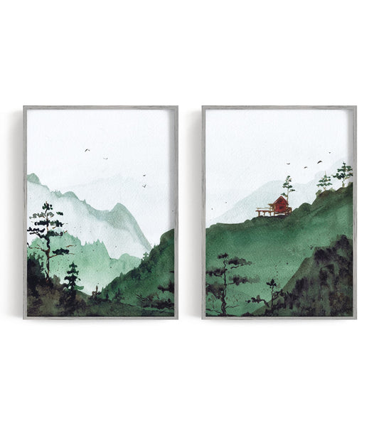 Two green mountain prints with a windswept tree and red cabin